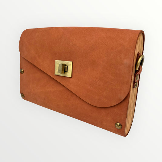 Geanta plic din piele naturala si lemn, lucrata manual, teracotta brown nubuck